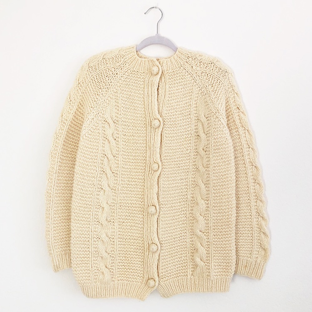 Vintage Wool Cable Knit Cardigan Fisherman Sweater